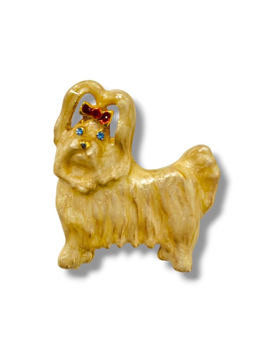 Vintage Enameled Brooch Pin Maltese Dog Bow 1.4"